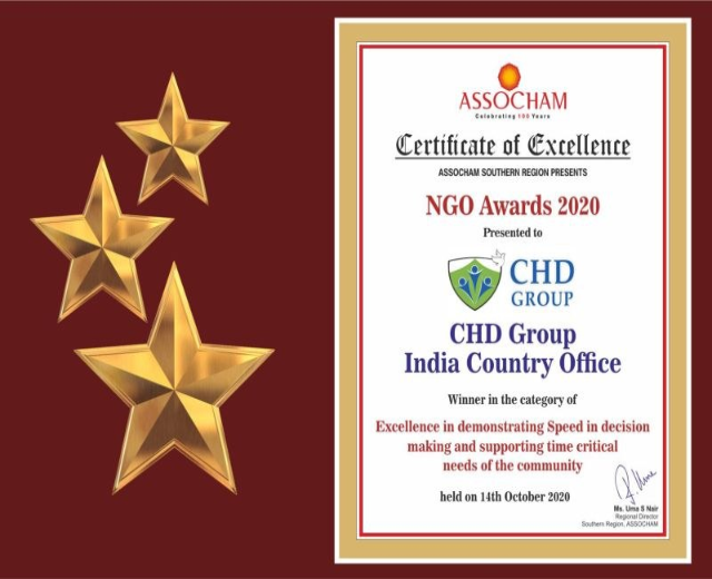 Auszeichnung "Exzellenz" für die NGO Awards 2020 an Chd Group India Country Office verliehen, mit einem Schild-Logo mit einem zentralen Stern und einem Lorbeerkranz.