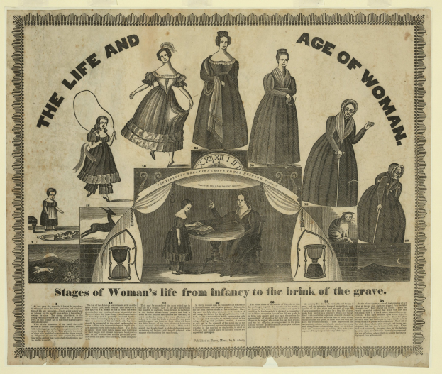 Eine farbenfrohe Papiertusche, die die Phasen des Lebens von Frauen von der Kindheit bis ins hohe Alter darstellt, mit fetter Schrift und detaillierten Elementen.