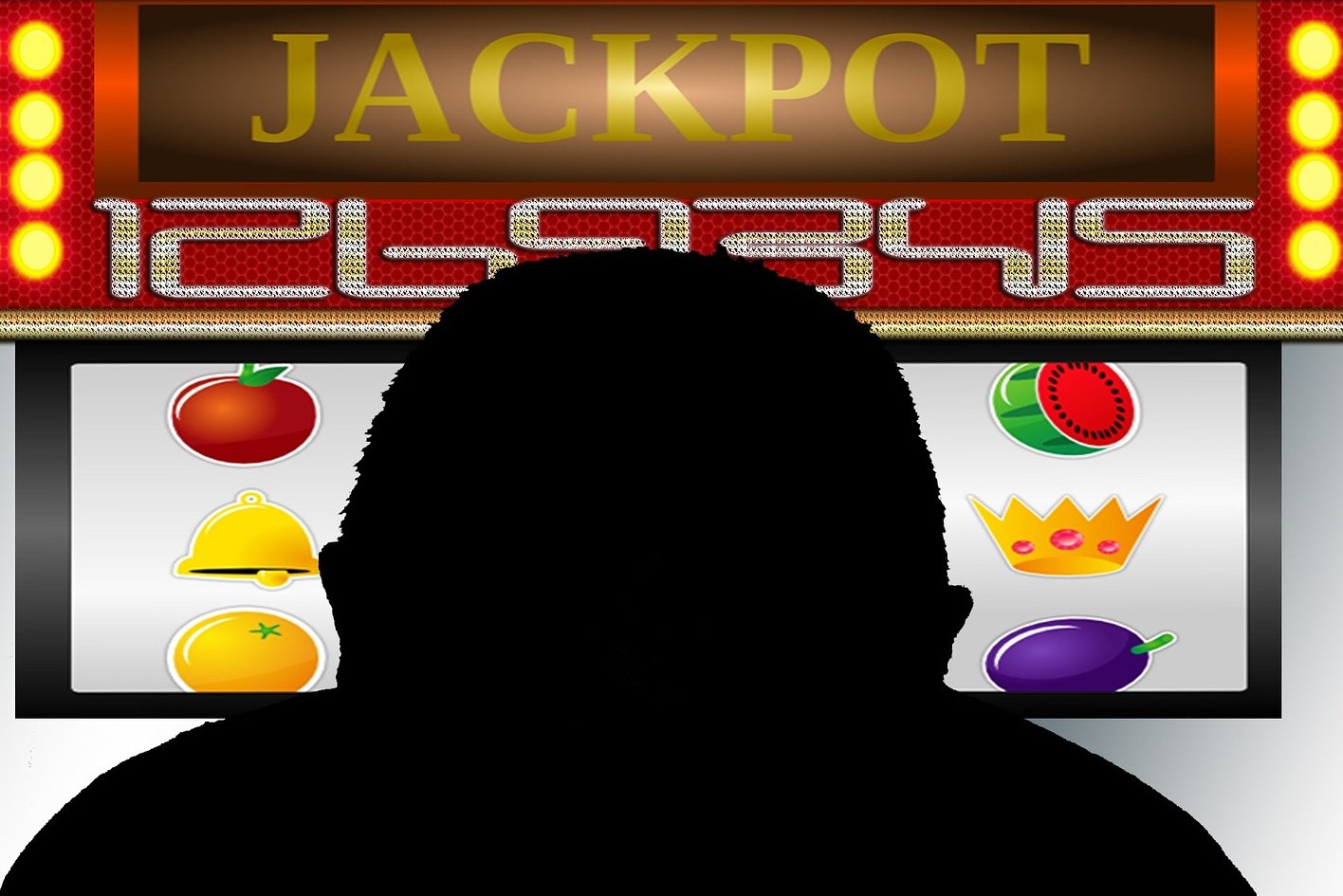 Ein Mann spielt an einem Slot-Automaten mit der Aufschrift "Jackpot" umgeben von einer Tafel mit Text und Obstbildern, was auf ein Online-Casinospiel hinweist.