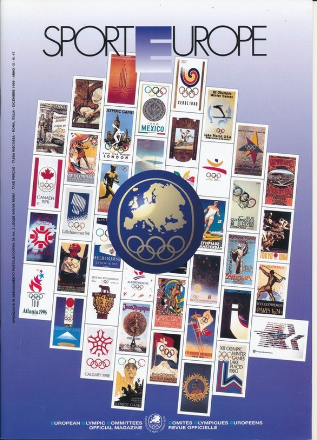Ein Buchumschlag mit dem Titel "Sport in Europa" in leuchtenden Farben und detailreichen Designs, der Olympische Symbole und verwandte Bilder zeigt.
