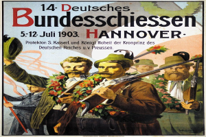 Deutsches Weltkriegspropagandaplakat mit einer Gruppe von Menschen in Kränzen, die Gewehre halten, mit Text oben und unten.