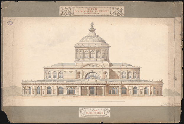 Eine Zeichnung des Eingangs zum Zuenem Kur-Badenhausen in Dresden, Deutschland, mit einem großen Gebäude mit Kuppel und Text auf dem Papier.