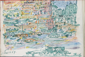 Ein Buchumschlag mit einer detaillierten Illustration einer belebten Stadtlandschaft mit Gebäuden, Fahrzeugen, Menschen und einem Brunnen sowie etwas Text.