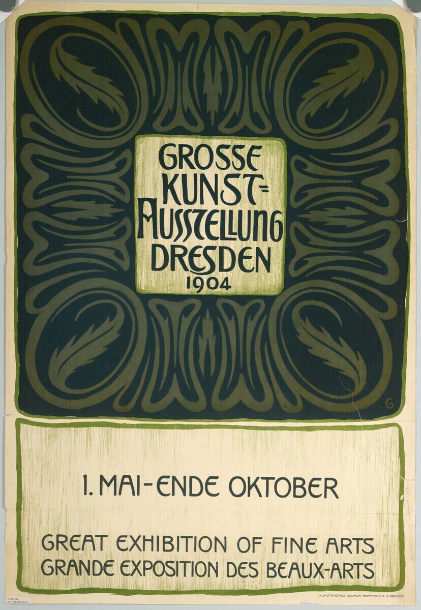 Plakat für die Große Ausstellung der Schönen Künste auf der Großen Ausstellung der Schönen Künste in Dresden, Deutschland, 1904, mit markanter Textwerbung.