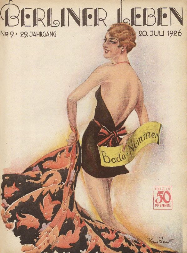 Titelbild der Berliner Leben Zeitschrift aus Juni 1926 mit einer Frau in einem Badeanzug, die ein Tuch hält, und dem Zeitschriftennamen quer darüber.