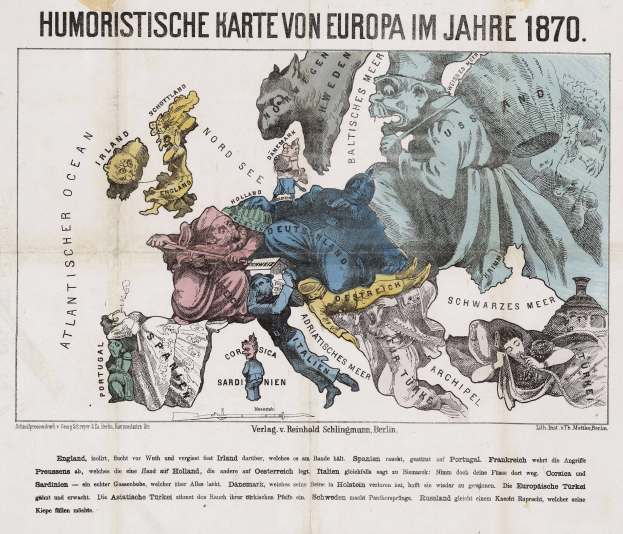 Ein Plakat mit dem Titel "Humoristische Karte von Europa im Jahre 1870" mit einer Karte von Europa umgeben von Cartoons.