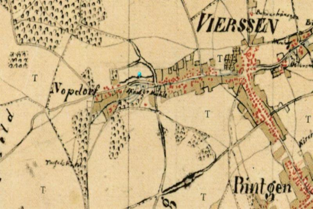 Ein altes Stadtplan von Viersen, Niederlande, mit Text und Zahlen, die die Schlacht von Bintgen markieren.