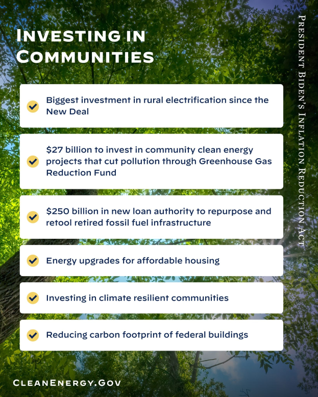 Plakat mit Bäumen und Himmel als Hintergrund, mit dem Text "Investing in Communities: Biggest Investment in Rural Electricity Since the New Deal".