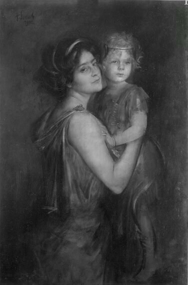 Schwarzes und weißes Portr├Ąt einer Frau mit einem Kind, mit dem Text "Mutter und Kind" unten.
