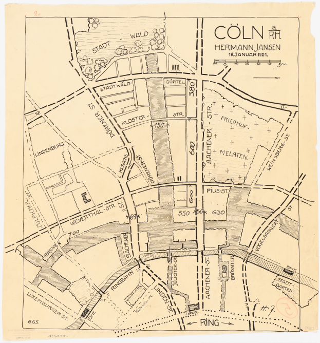 Ein detaillierter alter Stadtplan von Köln, Deutschland, der Straßen, Gebäude und Sehenswürdigkeiten mit Textanmerkungen zeigt.