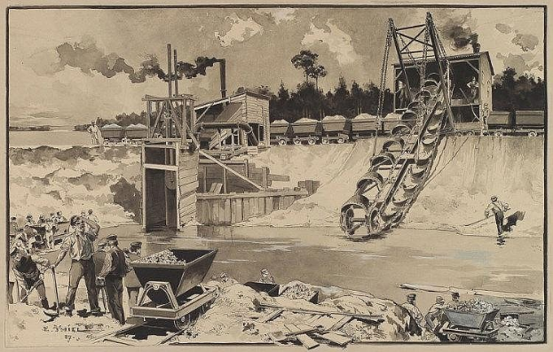 Schwarz-weiß-Zeichnung von Arbeitern in einer Kohlemine aus den Jahren 1890-1891, die einen Kran, Bäume und einen bewölkten Himmel zeigt.