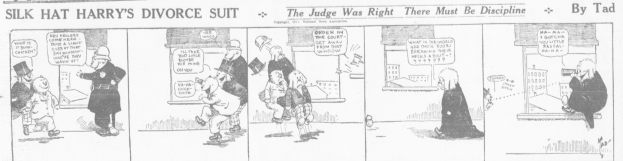 Eine Karikatur eines Mannes in einem schwarzen Anzug und einer Frau in einem Kleid mit einem schwarzen Schal, beide mit ernsten Gesichtern, mit dem Text "Scheidungsklage" auf dem Bild.