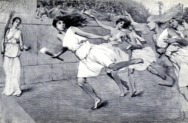 Ein Schwarz-Weiß-Zeichnung von Frauen, die vor einem Publikum tanzen, mit einer Wand und Bäumen im Hintergrund und Text unten, der "Achilles und die Olympier" liest.