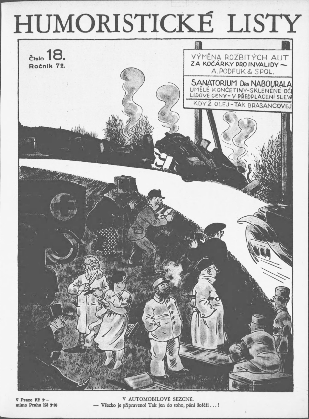 Schwarz-weiß-Zeichnung von Menschen, die auf einen Zug schauen, mit dem Text "humoristische Listen 18" auf einem Blatt.