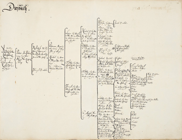 Ein aufgeschlagenes Buch mit einer handschriftlichen genealogischen Tabelle einer deutschen Familie, gefüllt mit Text über Familienmitglieder und ihre Abstammung.