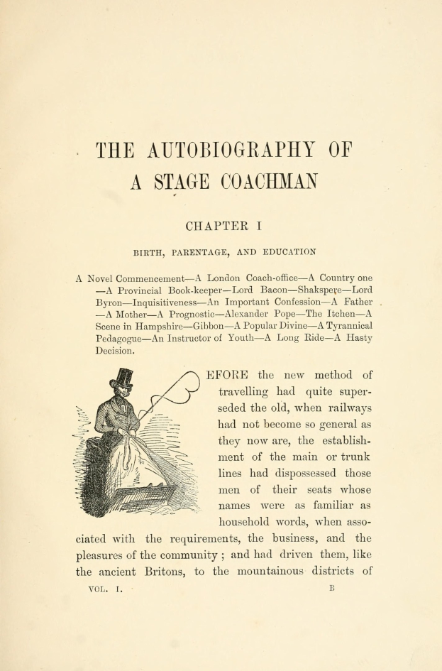 Offenes Buch mit dem Titel "Die Autobiografie eines Kutschers" mit einer Zeichnung eines ernst aussehenden Kutschers in einem Anzug, Hut und mit Stab und Buch.