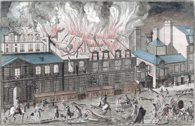 Ein Gemälde einer Stadtstraße mit einem Feuer in der Mitte, umgeben von Gebäuden, Menschen, Pferden, Karren und anderen Gegenständen, mit Text unten.