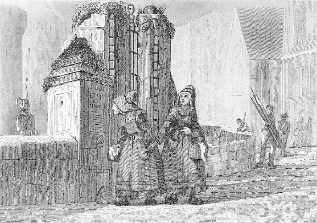 Schwarz-weiß-Gravur von zwei Frauen, die vor einem Gebäude stehen, mit anderen Menschen im Hintergrund, betitelt mit "Victorian Women in the City of London."