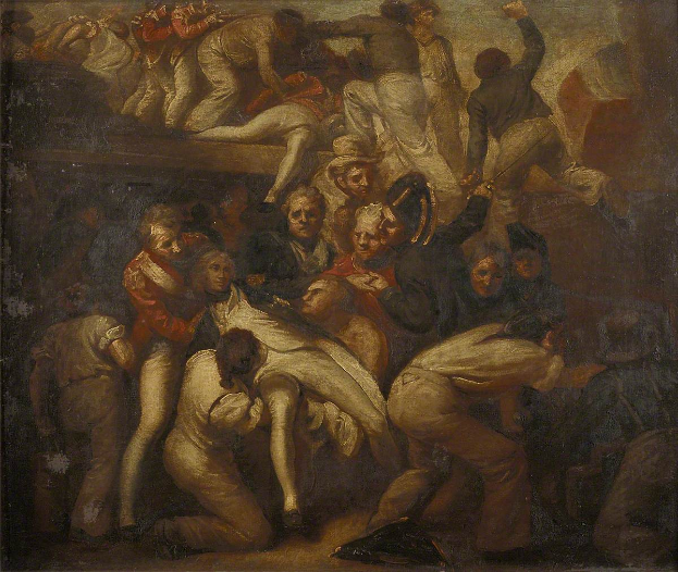 Ein Gemälde, das eine chaotische Szene aus der Französischen Revolution zeigt, mit einer Gruppe von Menschen in einem Raum aus dem 18. Jahrhundert, voller leuchtender Farben und detaillierter Einzelheiten.