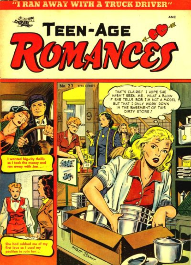 Ein Plakat mit einer Gruppe von Menschen in einer romantischen Umarmung, auf dem der Text "Teen-Age Romances 23-A by DC" in fetter Schrift oben steht.