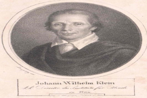 Schwarzes und weißes Porträt von Johann Wilhelm Klein, Direktor des Instituts für Blinde in Wien, der einen weißen Hemdkragen trägt und ernst schaut, mit deutschem Text unten.
