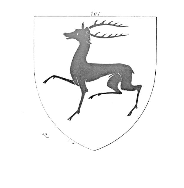 Eine Schwarz-Weiß-Zeichnung eines Hirschs mit erhobenem Geweih, das auf einem Schild mit Sternen und Streifen steht, mit "Deutscher Staat" oben geschrieben.