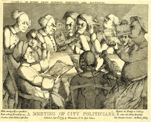 Eine Gruppe von Menschen sitzt um einen Tisch, einer hält ein Buch in der Hand, einige sind in ein Gespräch vertieft und andere sehen auf das Buch; Text unten lautet "Eine Sitzung von Stadtpolitikern."