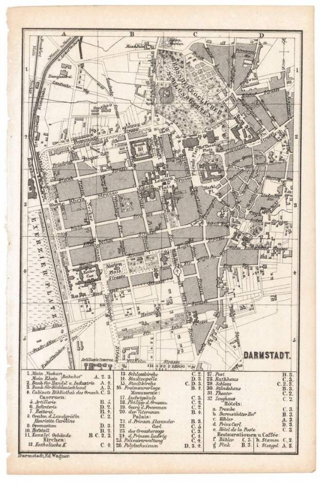 Alte detaillierte Karte von Darmstadt, Deutschland, mit Straßen, Gebäuden und Sehenswürdigkeiten mit beschrifteten Text und Entfernungen.