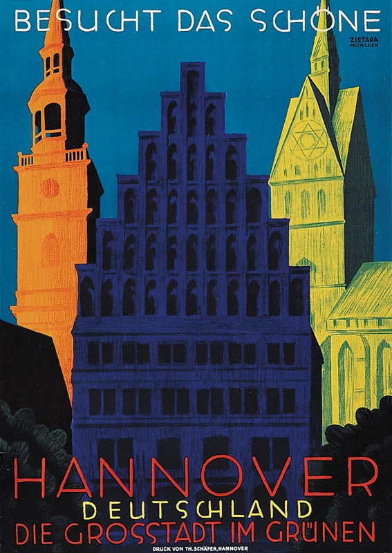 Plakat zur Werbung für Hannover, Deutschland, mit Bildern von Gebäuden und Bäumen sowie Text mit Stadtinformationen.