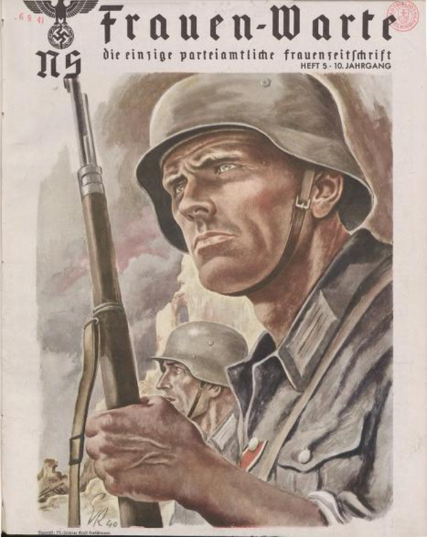 Ein deutsches Propagandaplakat aus dem Zweiten Weltkrieg, das einen Mann in militärischer Uniform mit einem Gewehr zeigt, mit zwei weiteren Personen im Hintergrund, Text und einem Logo.