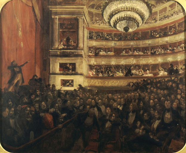 Ein Gemälde mit dem Titel "Das Konzert der Oper", das eine große Menschenmenge in einem Theater zeigt, mit einer Person auf der linken Seite, die von einem Kronleuchter beleuchtet wird.