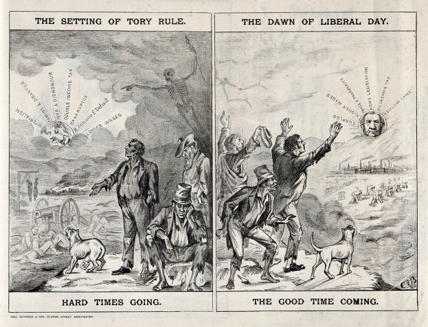 Schwarze und weiße Illustration, die den Übergang von Tory-Regelung zu liberaler Regierung darstellt, mit Menschen, Tieren und Gegenständen in einem historischen Setting.