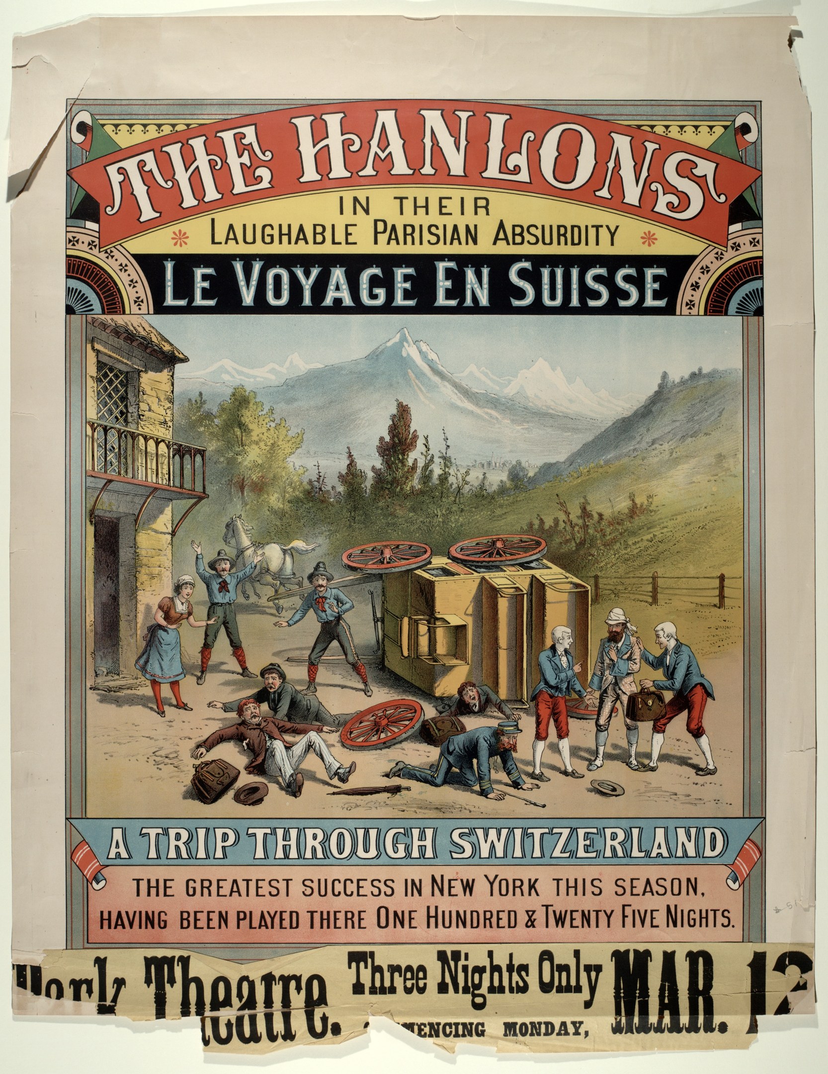 Plakat, das "Hanlons in ihrer lachhaften Pariser Absurdität Le Voyage en Suisse" ankündigt, mit einer Gruppe von Menschen, einem Gebäude, Bäumen, Hügeln und Himmel mit Text.