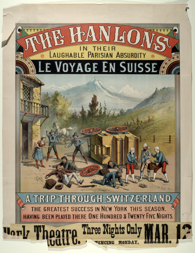 Plakat, das "Hanlons in ihrer lachhaften Pariser Absurdität Le Voyage en Suisse" ankündigt, mit einer Gruppe von Menschen, einem Gebäude, Bäumen, Hügeln und Himmel mit Text.