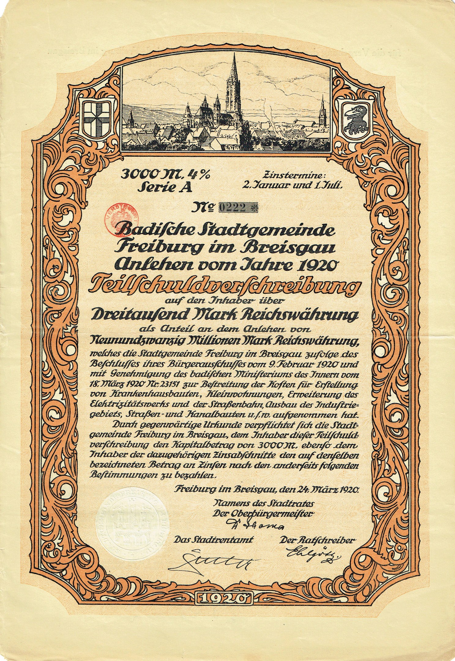 Altes deutsches Aktienzertifikat mit einer Stadtansicht.