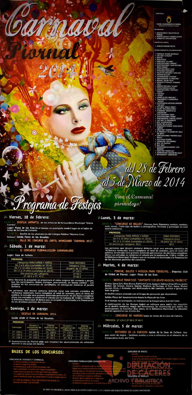 Eine Frau in einem bunten Kleid, die lächlt, umgeben von dem Text "Karnevalsfest 2014" in fetter schwarzer Schrift auf einem leuchtend gelben Hintergrund.