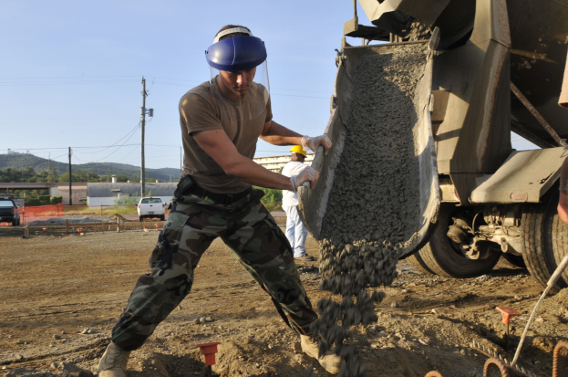 Ein Mann in Helm und Handschuhen gießt Beton in einen Betonmischer, mit Fahrzeugen, Bäumen, Strommasten, Gebäuden, Hügeln und einem klaren Himmel im Hintergrund.