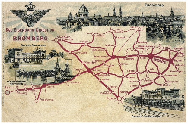 Ein detailliertes Plakat mit einer Karte von Bromberg, Deutschland, das Straßen, Gebäude, Bäume, eine Brücke und Text mit historischen und kulturellen Informationen zeigt.