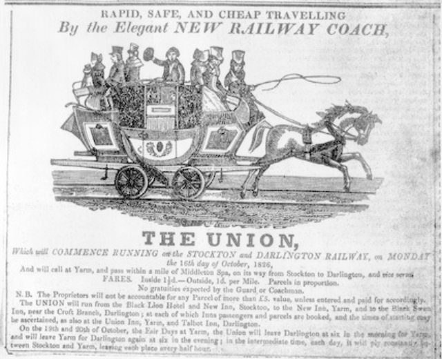 Schwarze und weiße Zeitungsanzeige für den Gewerkschaft, die eine von Pferden gezogene Kutsche zeigt, die eine Gruppe von Menschen trägt, mit Text, der wahrscheinlich das Ereignis beschreibt.