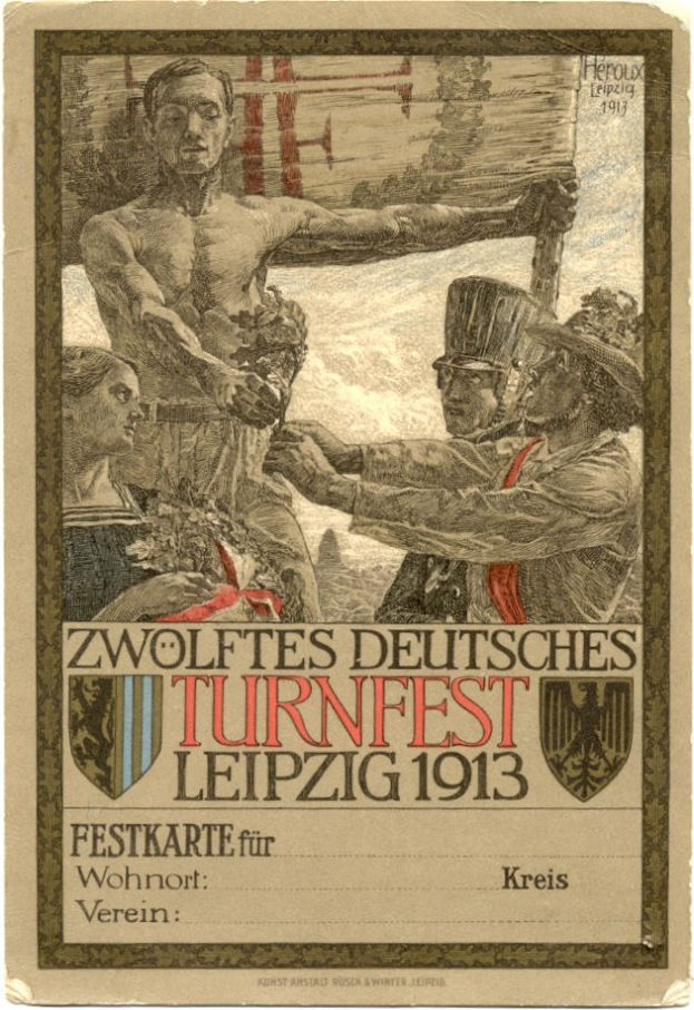 Plakat für das Zwölfte Deutsche Turnfest Leipzig 1913, das eine zentrale Gruppe von Menschen mit Text zu den Veranstaltungdetails zeigt.