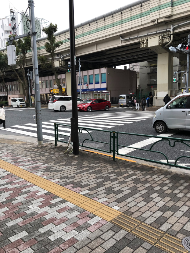 Stadtstraße mit Autos, Fußgängern an einer Ampel, Verkehrszeichen, einer Brücke, Bäumen, Gebäuden und einem klaren blauen Himmel.