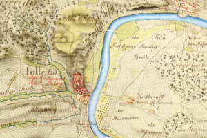 Detailiertes altes Stadtplan von Polle, Deutschland, mit einem Fluss, Straßen, Gebäuden und anderen Merkmalen markiert.