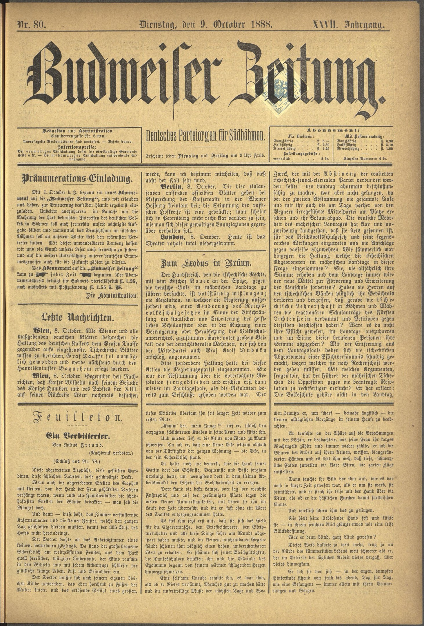 Gelblicher Zeitungsvorderseite mit der Überschrift "Budweiser Wetten" in erhabener schwarzer Schrift