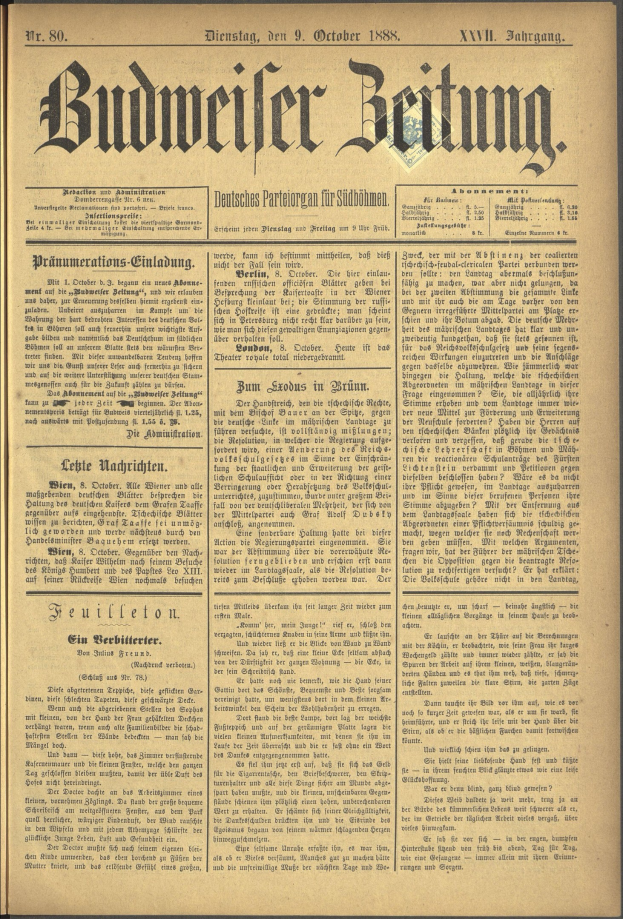 Gelblicher Zeitungsvorderseite mit der Überschrift "Budweiser Wetten" in erhabener schwarzer Schrift