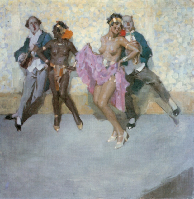 Bild eines Menschen, der auf einer Bühne tanzt, mit einer Wand im Hintergrund, die eine Frau in der Mitte mit Schuhen zeigt.