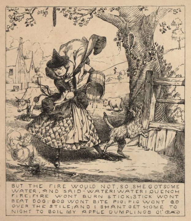 Eine Frau in einem Kleid und Hut geht mit einem Hund, umgeben von verschiedenen Tieren, einem Baum, einem Zaun und einem Gebäude, mit einem Zettel unten, auf dem der Text "Aber das Feuer wollte nicht, also holte sie sich Wasser." steht.