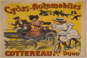 Plakat bewirbt Fahrräder und Automobile in Cottereau und Dijon, Frankreich, zeigt Menschen auf Fahrrädern und eine Kutsche mit "Fahrräder und Automobile" oben.