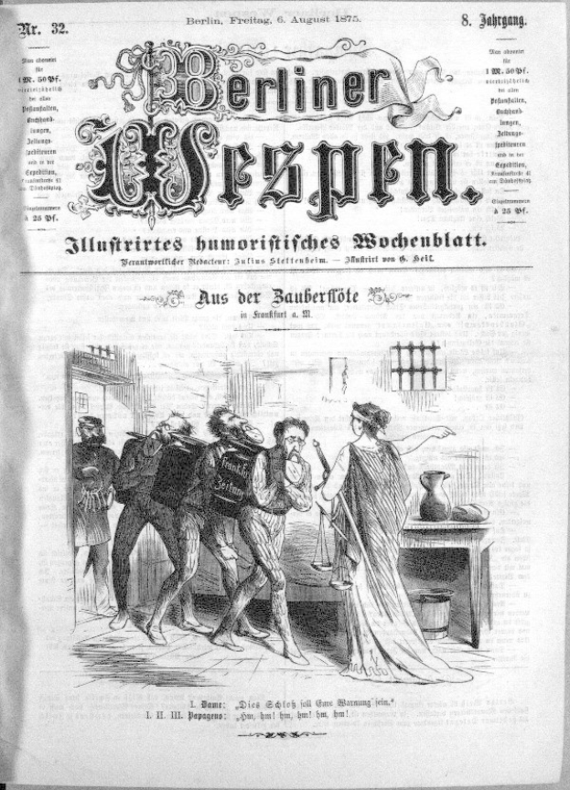 Schwarze und weiße Zeitung mit der Überschrift "Berliner Wespen, 6. August 1875" mit einer Skizze von beunruhigten Menschen, einige schauen ängstlich nach oben, andere verwirrt nach unten.
