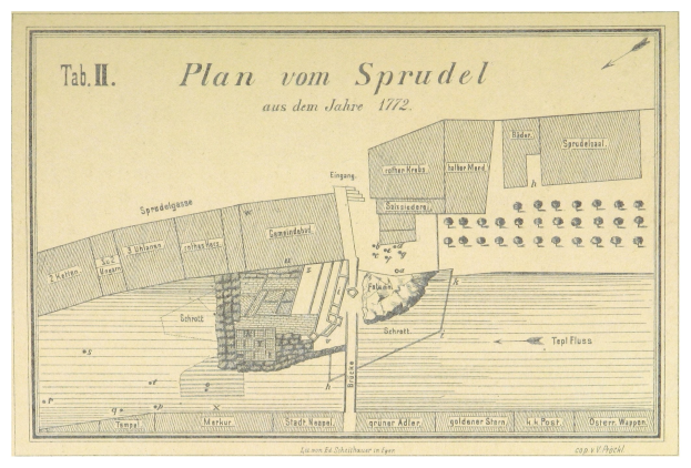 Ein Plakat mit einem detaillierten Stadtplan von Spruidel, Deutschland, samt begleitendem Text.