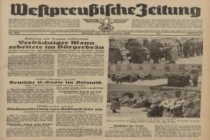 Schwarze und weiße Titelseite einer deutschen Zeitung vom 13. November 1939 mit der Überschrift 'Weitpreubliche Zeitung', die eine Gruppe von Menschen in traditioneller deutscher Kleidung zeigt.